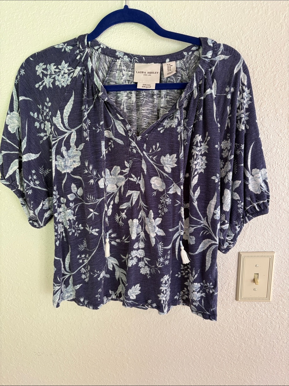 Laura Ashley Navy Blue Floral Peasant Blouse with Tie